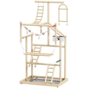Suport de joaca pentru papagali, lemn de pin/otel inoxidabil, 48x38x95 cm, tava detasabila, scari, boluri, leagan, stinghii, pentru perusi/nimfe/conuri, lemn natural - Verificat A · Re-Bloom