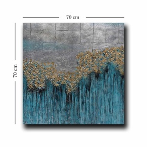 Tablou decorativ Re-Bloom, lemn masiv de pin/panza, gri/auriu/albastru, 70 x 70 cm - Img 2