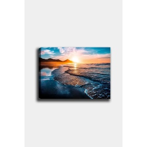 Tablou decorativ Re-Bloom, model apus de soare, lemn/panza, albastru/auriu, 50 x 70 cm - Img 1