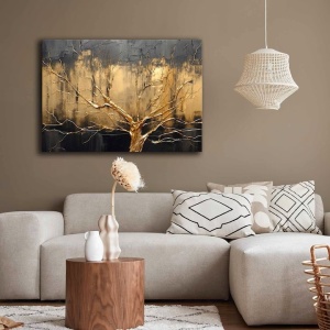 Tablou decorativ Re-Bloom, model copac, lemn/panza, auriu/negru, 70 x 100 cm - Img 3
