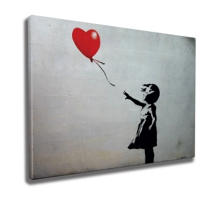 Tablou decorativ Re-Bloom, model fetita cu un balon, panza/lemn, negru/gri/rosu, 70 x 100 cm