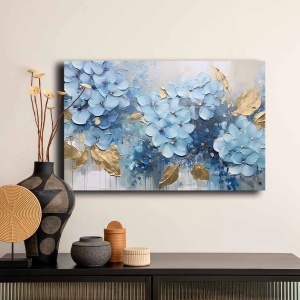 Tablou decorativ Re-Bloom, model floral, panza/lemn, albastru/auriu, 45 x 70 cm