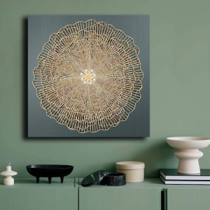 Tablou decorativ Re-Bloom, panza/lemn, auriu/gri, 70 x 70 cm
