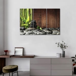 Tablou First Wall Art, 3 piese, panza/lemn, maro/gri/verde, 80 x 40 cm