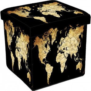 Taburet pliabil cu spatiu de depozitare Nahuel, lemn/textil, model harta lumii, negru, 34 x 34 cm - Img 2