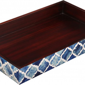 Tava decorativa Handicrafts, lemn/rasina, albastru/alb/maro, 25 x 15 cm