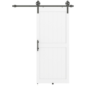 Usa glisanta stil rustic 91.5x3.5x213.4 cm, sina 183 cm, MDF si pin, otel carbon, 2 scripeti industriali, maner inclus, alb si negru - Verificat A · Re-Bloom