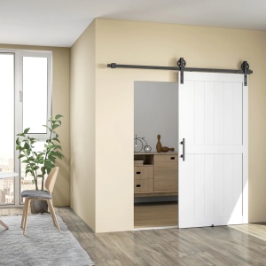 Usa glisanta stil rustic, MDF/pin/otel carbon, panou 106.6x3.5x213.4 cm, sina 213.4cm, maner inclus, 2 ghidaje podea, alb/negru - Verificat A · Re-Bloom - Img 2