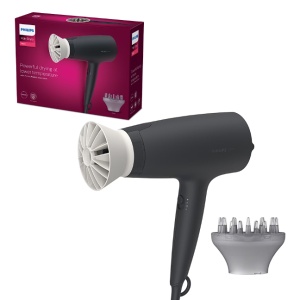 Uscator de par Philips BHD302/30, 1600W, accesoriu Thermo Protect, 3 setari de temperatura, difuzor, Negru, Resigilat, Grad A