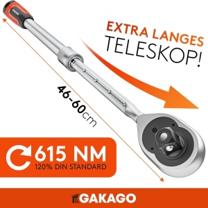 Antrenor extensibil cu clichet Gakago, 1/2", otel crom-vanadiu, 72 dinti, 615 Nm, 46-60 cm