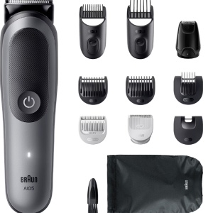 Aparat de tuns multifunctional Braun All-in-One Seria 5 AIO5560, 11-in-1, Lama ultra ascutita, 7 Piepteni, 1 Mini Cap de ras, 1 Cap tuns SkinGuard, 1 Perie de curatare, 1 Saculet, AquaGrip pentru control sub dus, Autonomie 120 minute, Resigilat, Grad A - Img 1