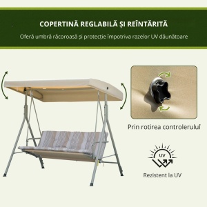 Balansoar de gradina cu baldachin Re-Bloom, otel/poliester/Teslin, 172x110x156 cm, baldachin 168x110 cm, 3 locuri, perne incluse, 210 kg, maro/bej - Verificat A · Re-Bloom - Img 4