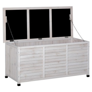 Banca de gradina cu spatiu de depozitare, lemn de brad, 127x56x60 cm, spatiu interior 119x48x49.6 cm, capacitate 170kg, alb - Verificat A · Re-Bloom