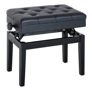 Bancuta pentru pian cu compartiment depozitare, lemn masiv/piele PU/spuma, 54.5x33x48-58 cm, inaltime reglabila, compartiment 50x29x4 cm, captuseala 3.5cm, capacitate 200kg, negru - Verificat A · Re-Bloom