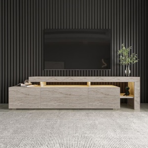 Beliz comoda TV 192x37x53 cm, PAL 18mm melaminat, bordura PVC, iluminare LED inclusa, travertin - Verificat A · Re-Bloom - Img 3