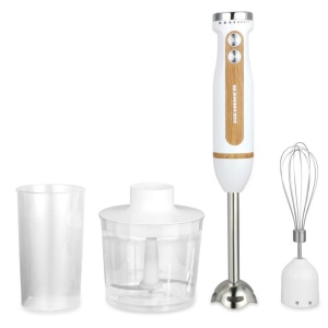 Blender de mana Heinner BestMix HB-DC600WH, Putere 600W, Viteza variabila+turbo, Tel din inox, Lame din inox, Insertii lemn, Alb