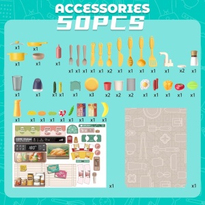 Bucatarie copii, Rovo 277, aragaz de jucarie, chiuveta cu circuit de apa, aragaz aburi, sunete, lumini, frigider, cuptor, fructe, legume, multiple accesorii, 50 de piese - Img 2