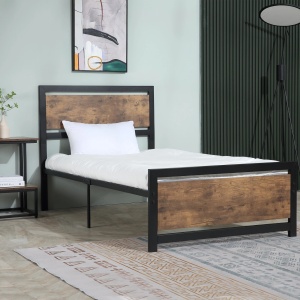 Cadru de pat single stil industrial, otel/MDF, 97x208x103 cm, sipci incluse, capacitate 150kg, negru/maro rustic - Verificat A · Re-Bloom - Img 2