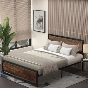 Cadru pat matrimonial Re-Bloom, otel/MDF, 167x208x103 cm, saltea 160x200 cm, tablie 167x103 cm, spatiu sub pat 31 cm, 400 kg, negru/maro rustic - Verificat A · Re-Bloom - Img 2