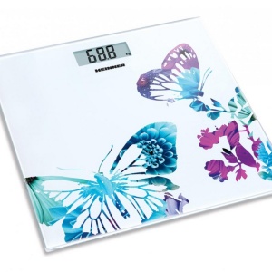 Cantar de baie Heinner HBS-150BTF, 150kg, platforma din sticla securizata 6mm, display LCD, Alb/Abstract