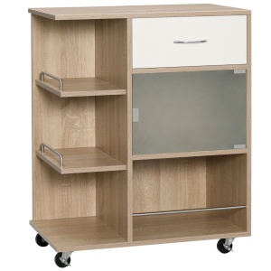 Carucior de bucatarie modern cu sertar, 3 rafturi si dulap cu usa sticla, placi aglomerate/inox/sticla, 65x39x80 cm, sertar 33.4x28.5x9cm, dulap 38.9x37.5x25.7cm, capacitate 40kg, natural/alb - Verificat A · Re-Bloom