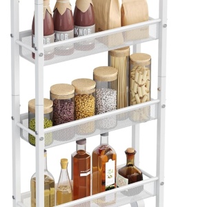 Carucior de depozitare Vasagle, 4 nivele, metal/PAL, alb/natur, 13 x 45,4 x 77 cm