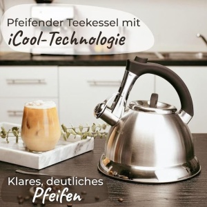 Ceainic cu fluier, Pykal, Otel inoxidabil, 3 L, 2 Infuzoare, Maner iCool, Argintiu, Resigilat, Grad A - Img 3