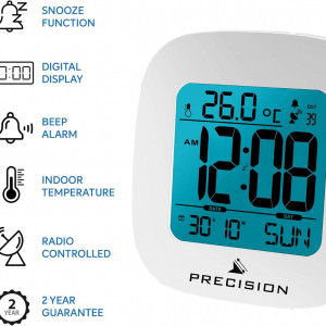 Ceas cu alarma PRECISION, alb, LCD, 7.7 x 7.7 x 3 cm - Img 5