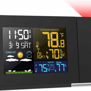 Ceas digital de masa cu proiectie, alarma, termometru si senzor exterior, umiditate Kalawen, plastic, negru, 16,7 x 10 cm - Img 1