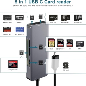 Cititor de carduri 5 in 1 Arkidyn, CF, SD, Micro SD, TF, MS, gri/negru