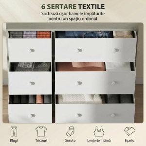 Comoda cu 6 sertare pliabile 114x30x70 cm, MDF, cadru otel, sertare textil netesut 100% poliester, manere duble, alb si gri - Verificat A · Re-Bloom - Img 6
