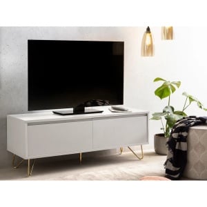 Comoda TV Rodi, MDF/metal, alb mat/auriu, 120 x 45 x 40 cm