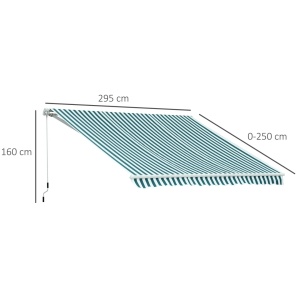 Copertina de soare cu brate reglabile si manivela, aluminiu/poliester, 295cm latime, extensie max 250cm, rola aluminiu 6cm, bara torsiune otel 35x35mm, verde/alb - Verificat A · Re-Bloom - Img 3