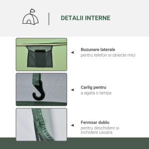 Cort de camping pop-up Re-Bloom, poliester/PE/plasa/fibra sticla, 263.5x220x123 cm, 2 persoane, 2 usi, 4 ferestre, impermeabil, 8 tarusi+4 corzi+husa incluse, verde inchis/gri - Verificat A · Re-Bloom - Img 4