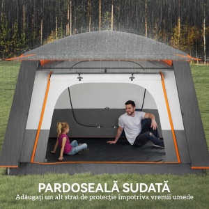 Cort de camping Re-Bloom, poliester/fibra sticla/PE, 430x305x195 cm, 2 camere + veranda, impermeabil UPF30+, 12 cuie + 8 franghii + geanta transport incluse, gri/portocaliu - Verificat A · Re-Bloom - Img 4