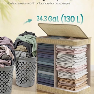 Cos pentru rufe Songmics, 2 compartimente, bambus/MDF/poliester, bej, 57 x 38 x 61 cm, Resigilat, Grad A - Img 3