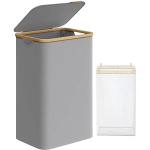 Cos pentru rufe Songmics, bambus/textil, gri, 42 cm x 32 cm x 70,5 cm, Resigilat, Grad A