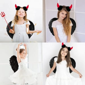 Costum pentru copii de Halloween Myybx, textil/plastic/pene, negru/rosu, 3 piese - Img 6