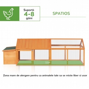 Cotet pentru gaini cu acoperis rabatabil si usa larga, lemn de brad/plasa metalica, 240x112.5x76 cm, streasina 49cm, cuib 37.5x93x43cm, usa 44x43cm, potrivit 4-8 gaini, portocaliu - Verificat A · Re-Bloom - Img 6