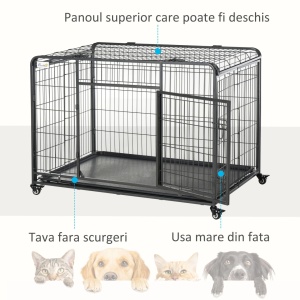 Cusca pentru caini pliabila cu roti si baza detasabila, metal/PP, 125x76x81 cm, tava 119x74x3 cm, usa frontala 54x56 cm, capacitate 80kg, gri inchis - Verificat A · Re-Bloom - Img 4