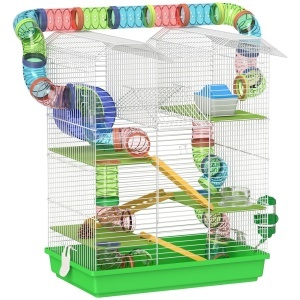 Cusca pentru hamsteri cu 5 niveluri, metal/PP/PS, 47x30x59 cm, tuba colorate, roata Ø13cm, casuta 14x9.5x9.5cm, bol + adapator 75ml incluse, verde - Verificat A · Re-Bloom