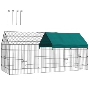 Cusca pentru iepuri exterior/interior tip casuta cu acoperis, otel/Oxford poliester/PP, 220x85x103 cm, acoperis 125x110 cm, usa principala 39.5x43.5cm + usa laterala, verde/negru - Verificat A · Re-Bloom