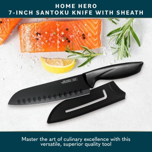 Cutit Santoku Home Hero, cu teaca, maner ergonomic, lama din inox, negru, 18 cm - Img 7