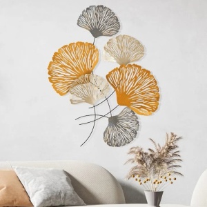 Decor de perete model floral din metal, 75x100 cm, design modern, portocaliu/alb/gri - Verificat A · Re-Bloom - Img 1