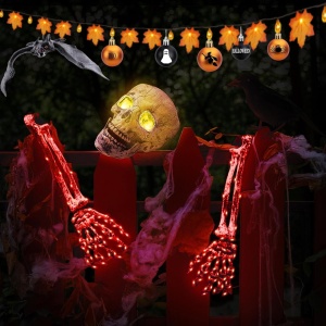 Decoratiune iluminata de Halloween  model schelet Geulieby, 3 piese, plastic, alb/rosu, 100 led-uri