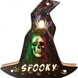 Decoratiune pentru Halloween, LED, model palarie, lemn, multicolor, 23 x 23,5 cm - Img 1