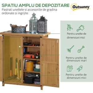 Dulap de gradina pentru unelte, lemn de molid/tabla zincata, 75x40x90 cm, 2 usi 31x76cm, 4 rafturi 34x30x20.5cm, compartiment stang 30x30x77cm, capacitate 10kg/raft, natural - Verificat A · Re-Bloom - Img 5