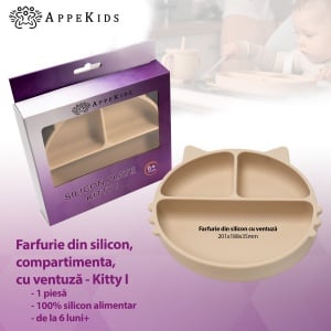 Farfurie compartimentata din silicon cu ventuza, AppeKids - Kitty - Bubble Beige - Img 2