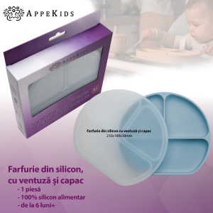 Farfurie compartimentata din silicon cu ventuza si capac, AppeKids - Aqua Blue - Img 2