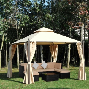 Foisor de gradina 3x3m cu acoperis dublu si 4 perdele laterale cu fermoar, fier/poliester PA hidrofug, 300x300cm, streasina 200cm/varf 270cm, 8 gauri drenaj, 8 tarusi inclusi, bej - Verificat A · Re-Bloom - Img 2
